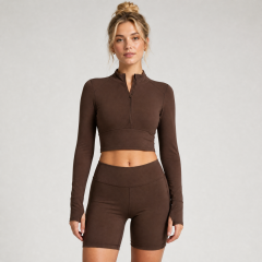 Women's Long Sleeve Half Zip Crop Jacket Gym Shorts Yoga Set
