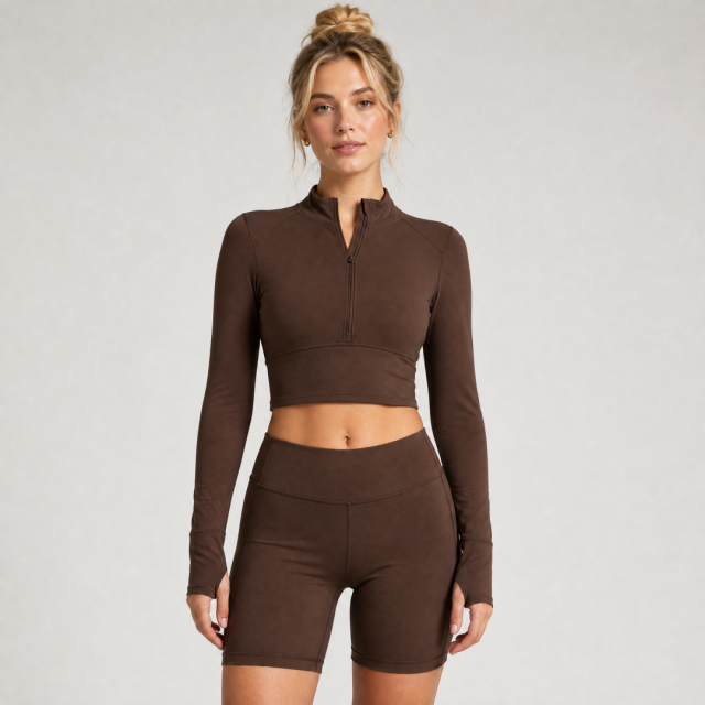 Women's Long Sleeve Half Zip Crop Jacket Gym Shorts Yoga Set
