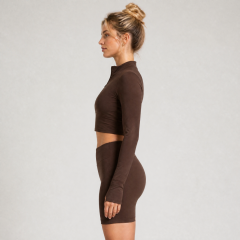 Women's Long Sleeve Half Zip Crop Jacket Gym Shorts Yoga Set
