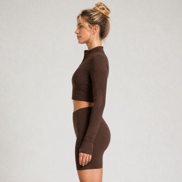 Women's Long Sleeve Half Zip Crop Jacket Gym Shorts Yoga Set