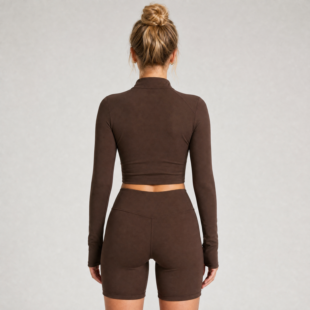 Women's Long Sleeve Half Zip Crop Jacket Gym Shorts Yoga Set