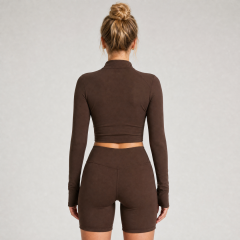 Women's Long Sleeve Half Zip Crop Jacket Gym Shorts Yoga Set