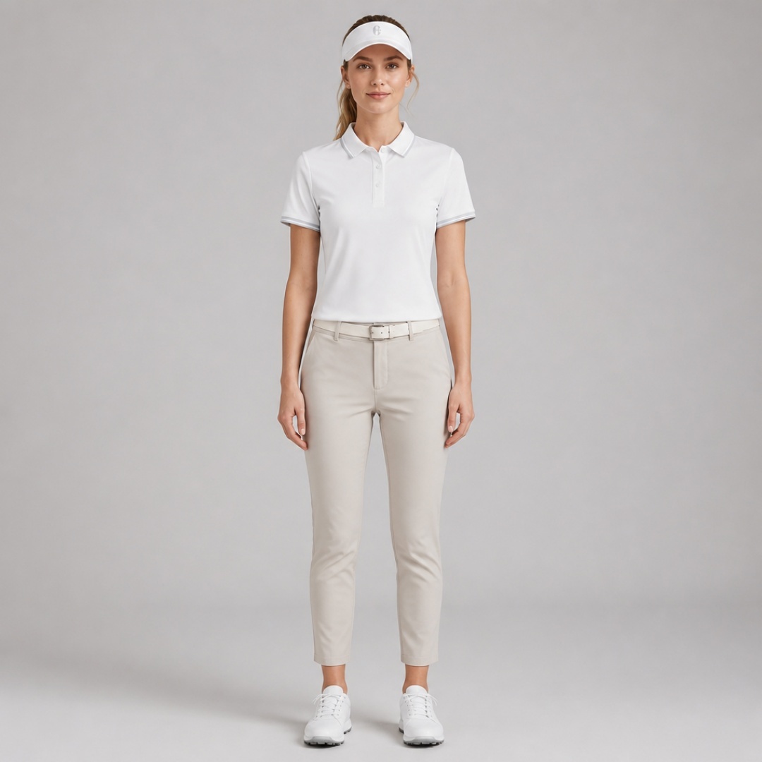 Women's Short-Sleeve Golf Polo with Snap-Button Placket and Reflective Trim