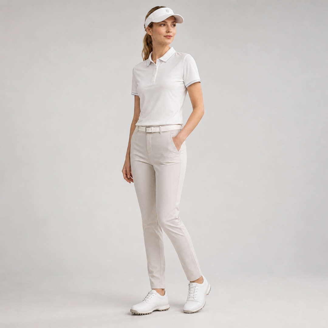 Women's Short-Sleeve Golf Polo with Snap-Button Placket and Reflective Trim