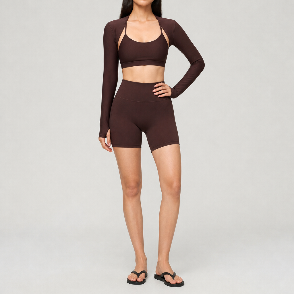 Women's Long Sleeve Crop Cover-Up High Waist Biker Shorts Pilates Gym Fitness Sets