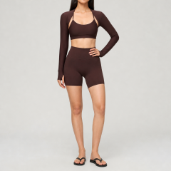 Women's Long Sleeve Crop Cover-Up High Waist Biker Shorts Pilates Gym Fitness Sets