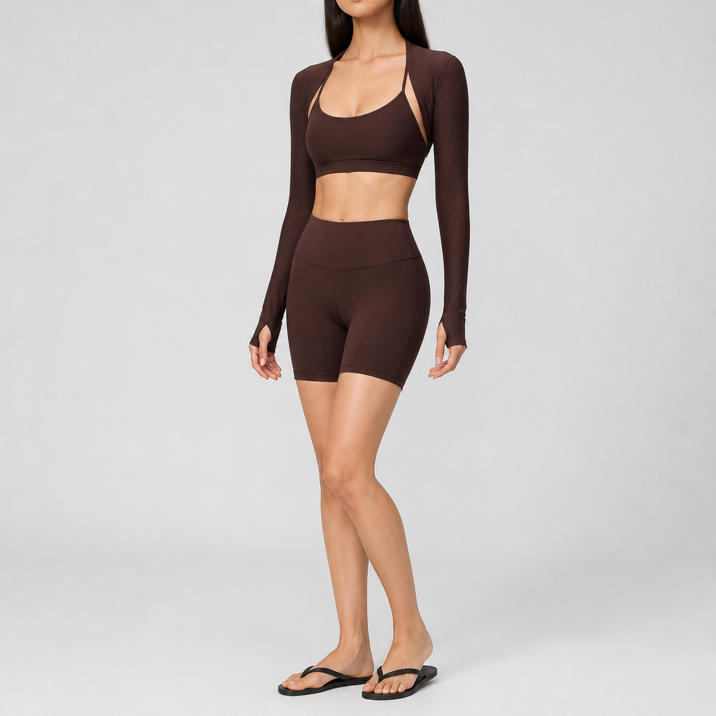 Women's Long Sleeve Crop Cover-Up High Waist Biker Shorts Pilates Gym Fitness Sets