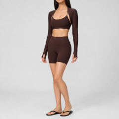 Women's Long Sleeve Crop Cover-Up High Waist Biker Shorts Pilates Gym Fitness Sets