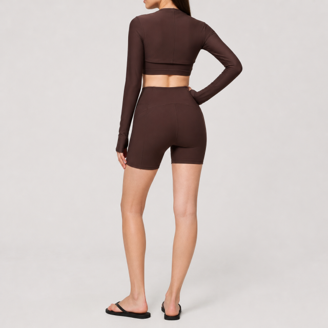 Women's Long Sleeve Crop Cover-Up High Waist Biker Shorts Pilates Gym Fitness Sets