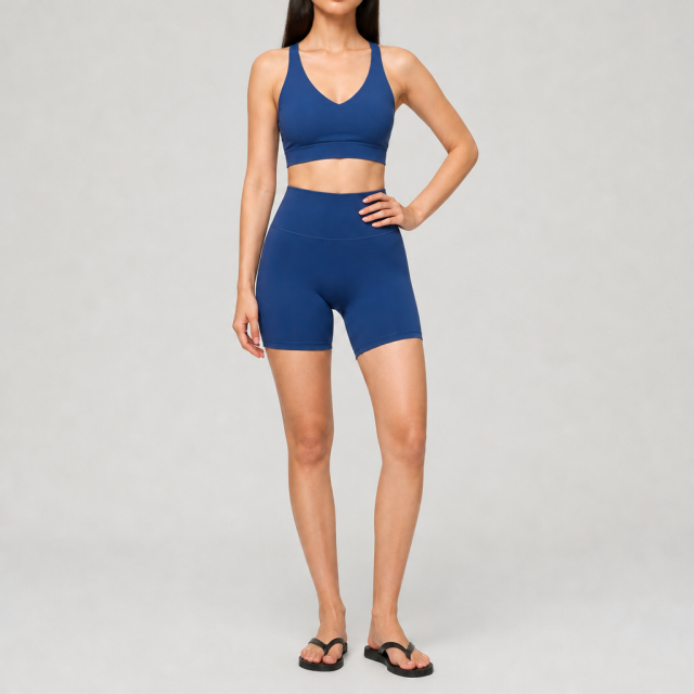 Women's V-Neck Scoop Back Sports Bra High Waist Gym Shorts Sets