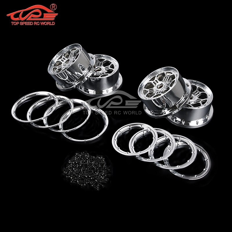 TOP SPEED RC WORLD Chrome Plastic Front and Rear Wheel Hub with Ring Set