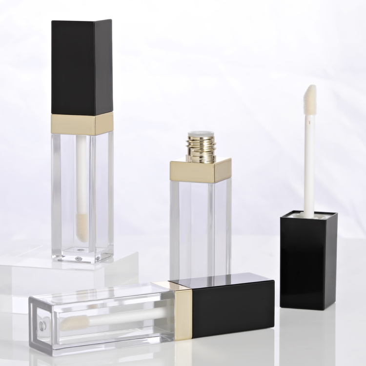 Wholesale Custom stylish designed PETG square black lip gloss bottles empty 7ml Brush Cosmetic Packaging luxury lip gloss tubes