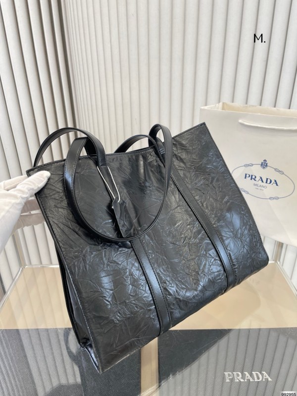 Prada Enamel Metal Triangle Logo Crinkle Effect Nappa Leather Tote Bag Tote Bag Shopping Bag Handbag