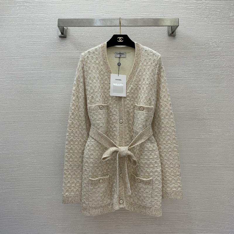 Chanel high-end sparkling sequin braided gold thread blended waist slimming mid-length V-neck long-sleeved knitted jacket