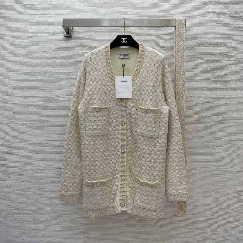 Chanel high-end sparkling sequin braided gold thread blended waist slimming mid-length V-neck long-sleeved knitted jacket