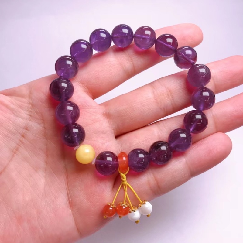 Natural Amethyst Bracelet with Natural Amber Round Beads, Nanhong Agate Toggle Clasp and Round Beads, Shell Round Bead Pendant, and 925 Silver Flower Mount
