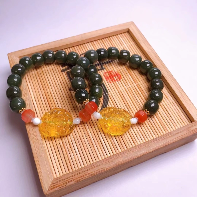 Natural Hetian Jade Old Beads Bracelet and Beaded Bracelet with Amber Floral, Faceted Red Agate Square, and Shell Round Beads