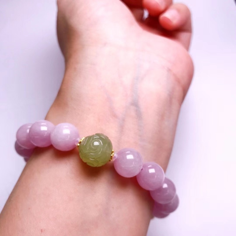 Natural Lepidolite Gemstone Bracelet with Hetian Jade Carved Beads, Freshwater Pearls, Nanhong Round Beads, and 925 Silver Flower Mount
