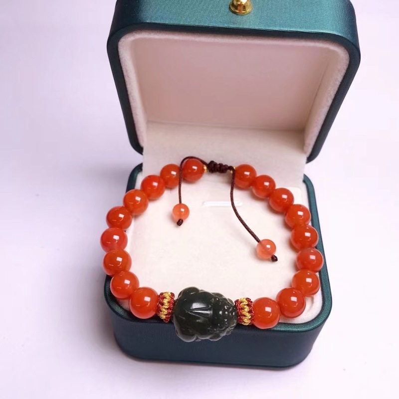 Natural Red Agate Gemstone Braided Bracelet, adorned with Authentic Hetian Jade Pixiu