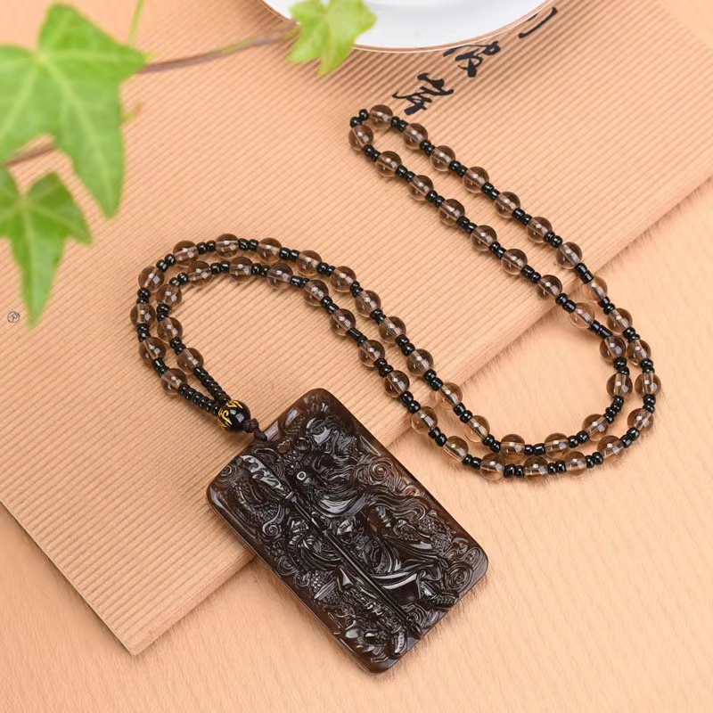 War Wealth God Guan Gong Pendant with Natural Icy Obsidian Guan Yu Necklace