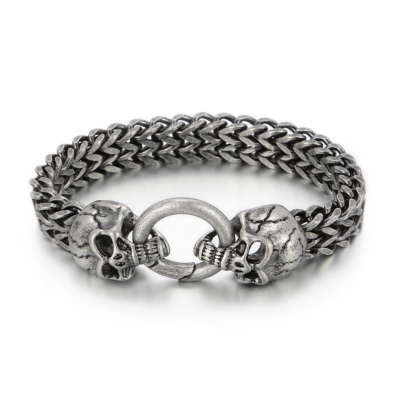 Gothic Mens Stainless Steel Skull Franco Link Curb Chain Bracelet with Spring Ring Clasp