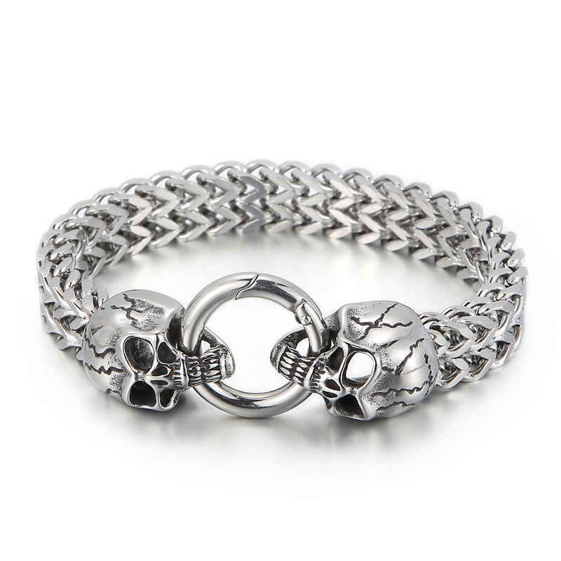 Gothic Mens Stainless Steel Skull Franco Link Curb Chain Bracelet with Spring Ring Clasp