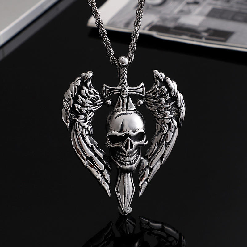Punk retro skull sword wings pendant