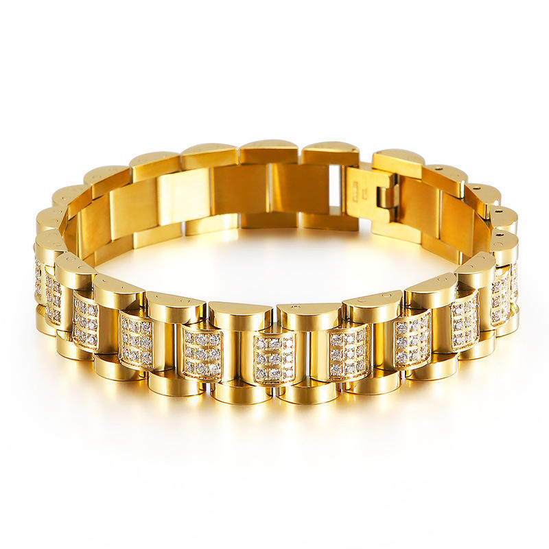 CNC diamond rich gold men's titanium steel bracelet
