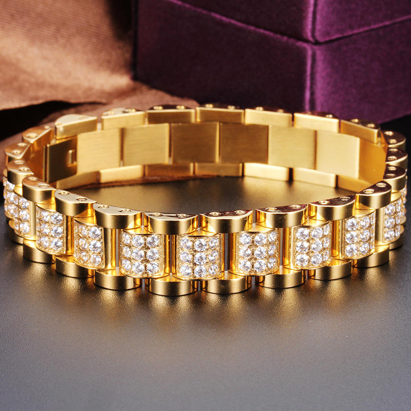 CNC diamond rich gold men's titanium steel bracelet