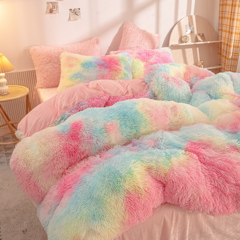 Rainbow Color Faux Fur Velvet Fluffy Plush Soft Bedding 4 Pieces Bed Sheets Set for Girl's Bedroom