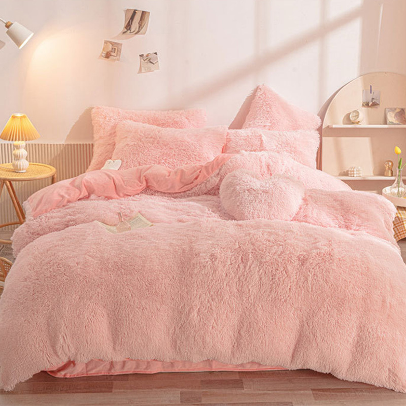 Rainbow Color Faux Fur Velvet Fluffy Plush Soft Bedding 4 Pieces Bed Sheets Set for Girl's Bedroom