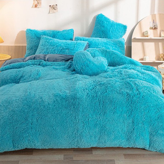 Luxury Custom Winter Warm 100% Polyester Bedsheet Sets Solid Color Faux Fur Velvet Fluffy Bedding Set