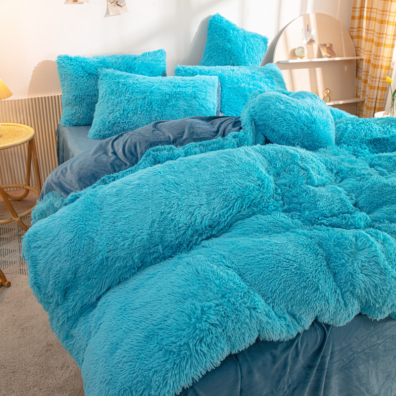Fashion Rainbow Color Faux Fur Velvet Fluffy Plush Soft Bedsheet Bedding Sets for Home