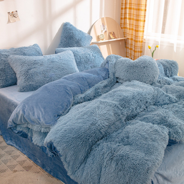 Luxury Soft Faux Fur Velvet Fluffy Bedding Soft Warm Solid Color Bedsheet Set for Home