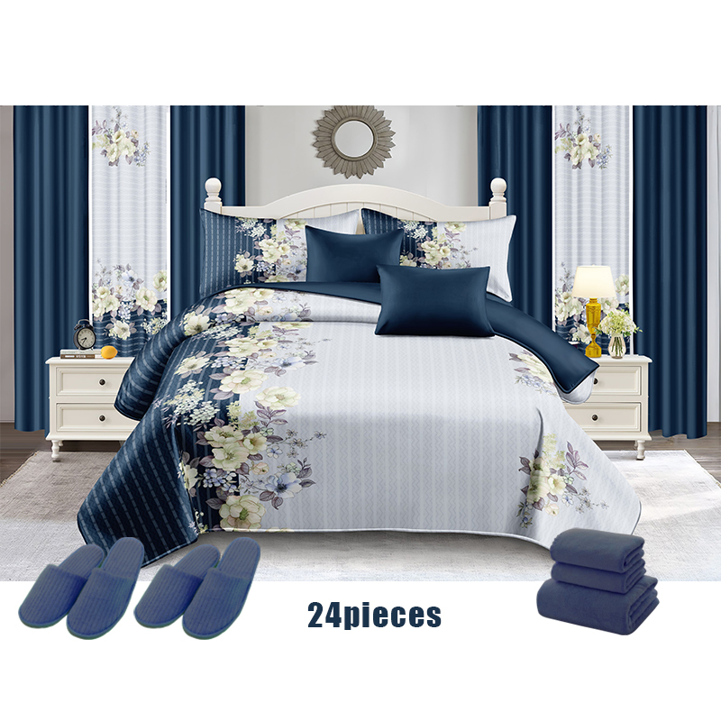 Hot Selling Flowers Design 24 PCS Curtain Bedding Set Cotton Printed Bedspread Set with Shower Curtain