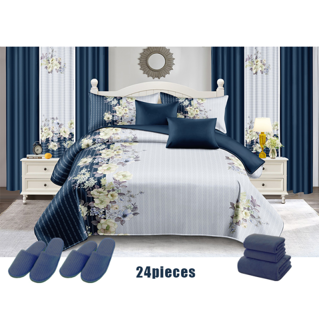 Hot Selling Flowers Design 24 PCS Curtain Bedding Set Cotton Printed Bedspread Set with Shower Curtain