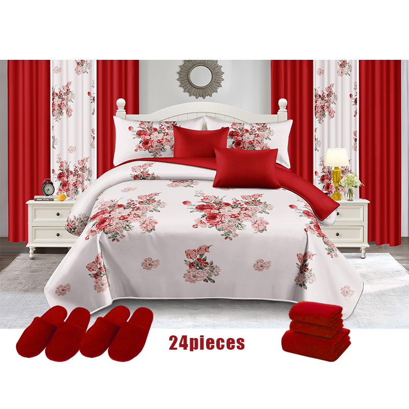 Hot Selling Flowers Design 24 PCS Curtain Bedding Set Cotton Printed Bedspread Set with Shower Curtain