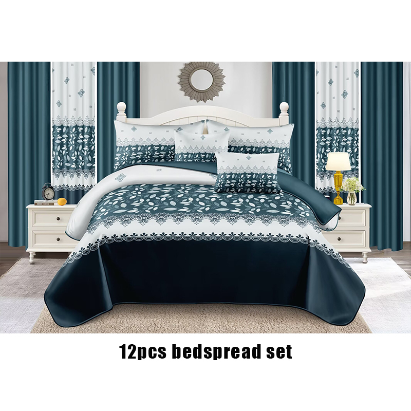 New Design Curtain Bedding Set 12 pieces Printed Bedspread Set Queen Size Flora Curtains Quilt Set
