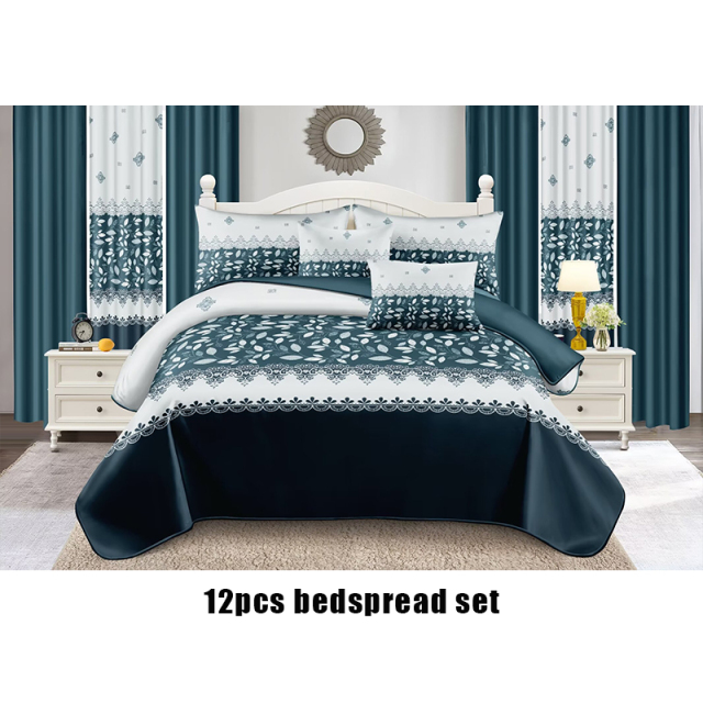 New Design Curtain Bedding Set 12 pieces Printed Bedspread Set Queen Size Flora Curtains Quilt Set