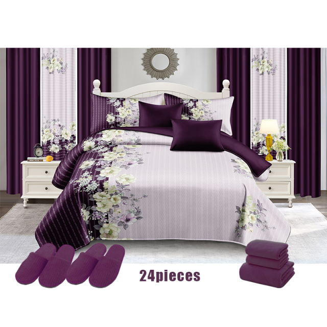 Hot Selling Flowers Design 24 PCS Curtain Bedding Set Cotton Printed Bedspread Set with Shower Curtain
