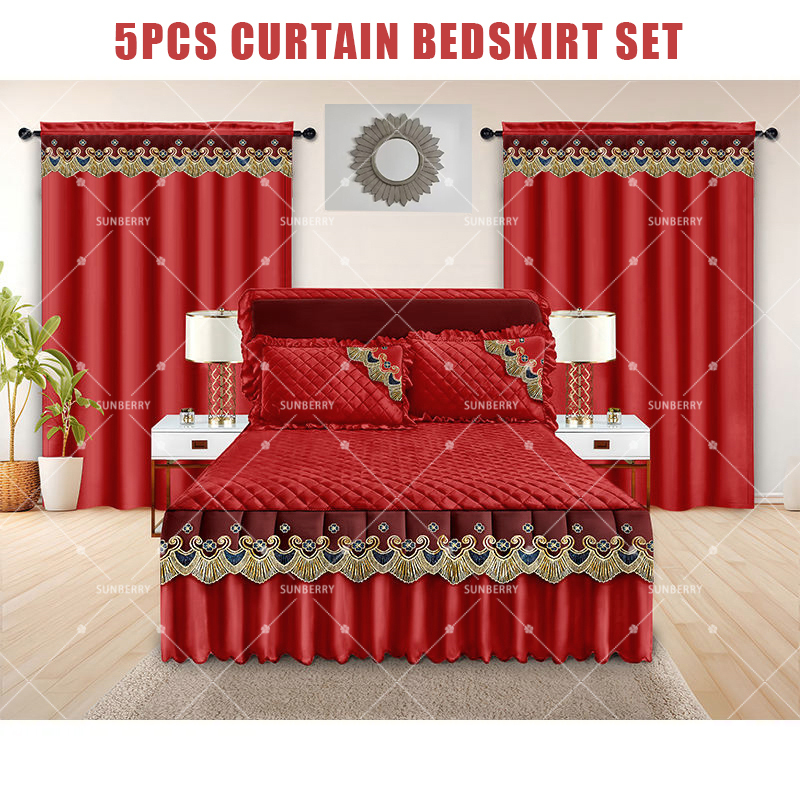 Factory Supply Luxury Embroidery Lace 5 PCS Bed Skirt Quilted Cotton Filling Bedspreads Set with Curtains Pillowcase