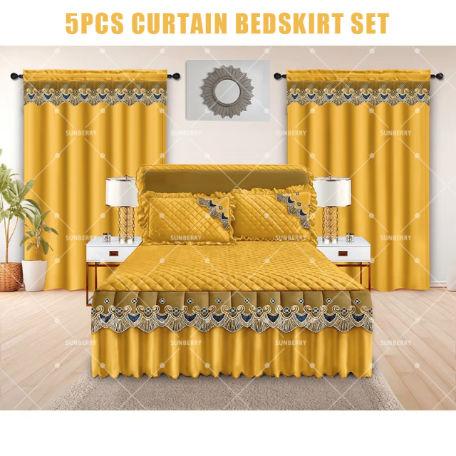 Factory Supply Luxury Embroidery Lace 5 PCS Bed Skirt Quilted Cotton Filling Bedspreads Set with Curtains Pillowcase