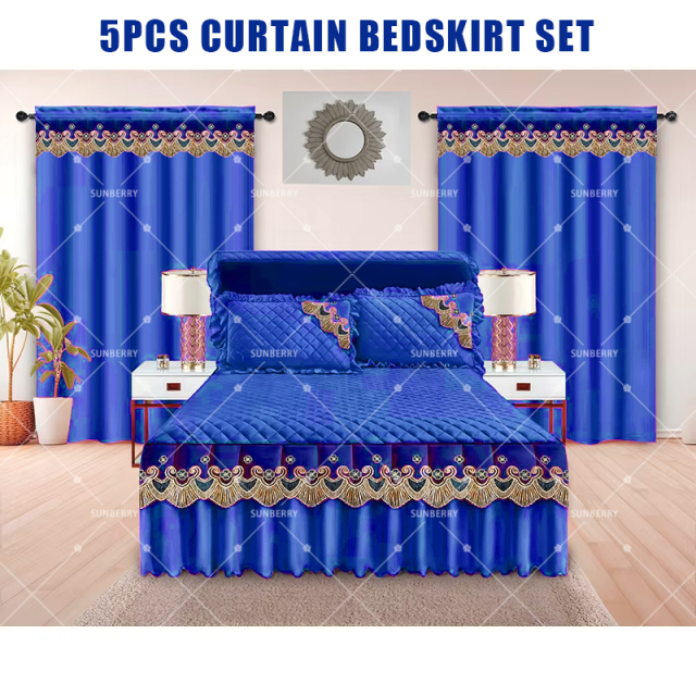 Factory Supply Luxury Embroidery Lace 5 PCS Bed Skirt Quilted Cotton Filling Bedspreads Set with Curtains Pillowcase