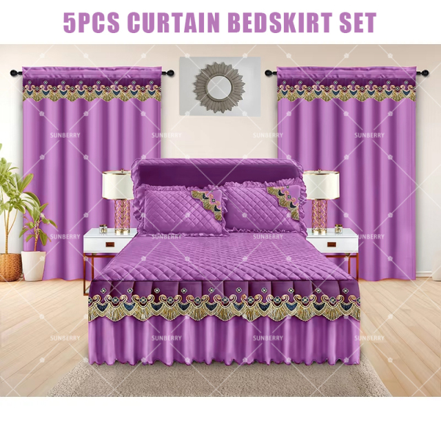 Factory Supply Luxury Embroidery Lace 5 PCS Bed Skirt Quilted Cotton Filling Bedspreads Set with Curtains Pillowcase