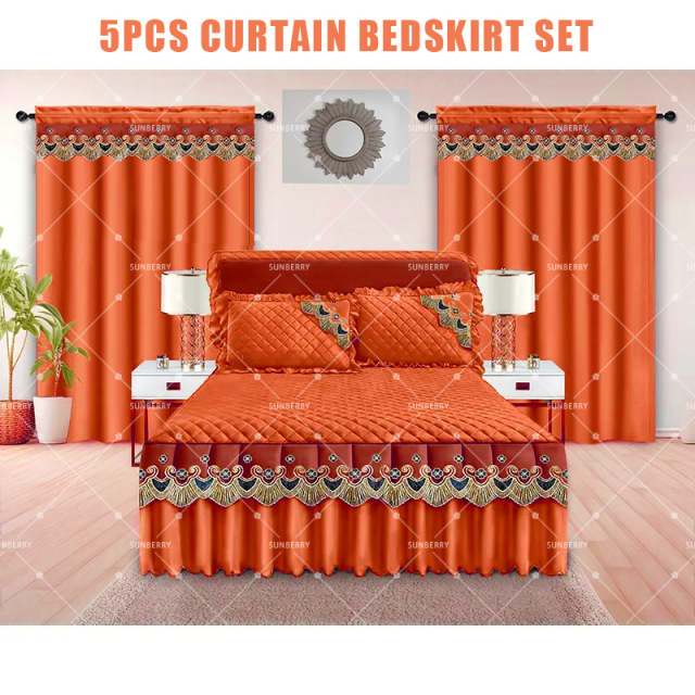 Factory Supply Luxury Embroidery Lace 5 PCS Bed Skirt Quilted Cotton Filling Bedspreads Set with Curtains Pillowcase
