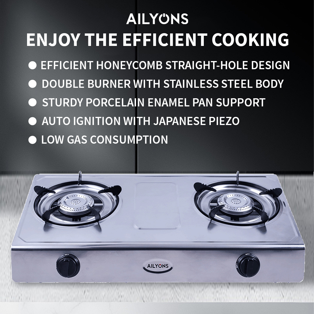 AILYONS GS017 Gas Stove Stainless Steel Double Burner