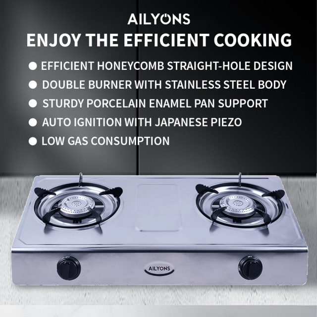 AILYONS GS017 Gas Stove Stainless Steel Double Burner