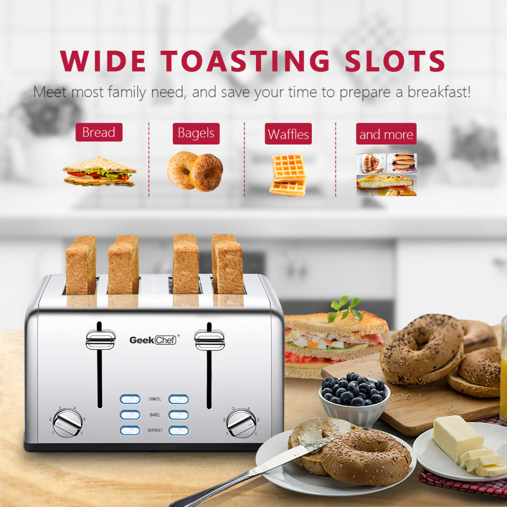 Toaster 4 Slice, Geek Chef Stainless Steel Toaster with Extra Wide Slots, 4 Slot Toaster with Bagel/Defrost/Cancel Function, Dual Control Panel of 6 Toasting Bread Shade Settings, Removable Crumb Trays, High Lift Lever, ETL