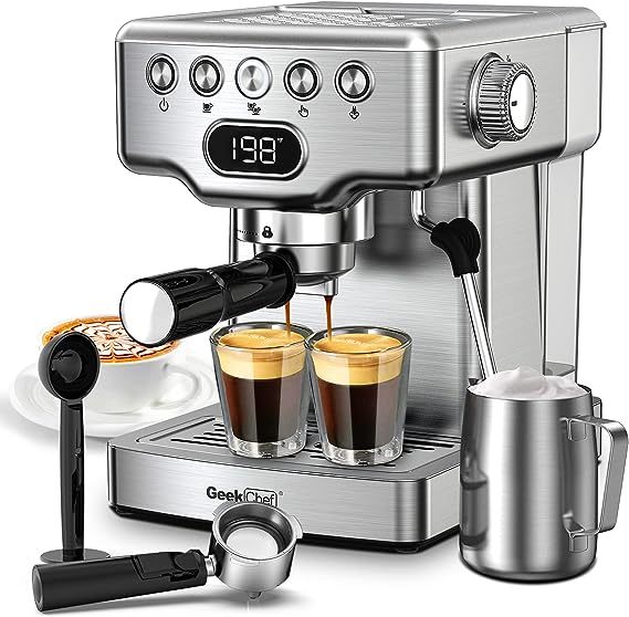 Geek Chef Espresso Machine, 20 Bar Coffee Machine, Fast Heating Automatic, Latte & Cappuccino Maker with Milk Frother Steam Wand, 1.8L Water Tank, Temperature Display, Stainless Steel