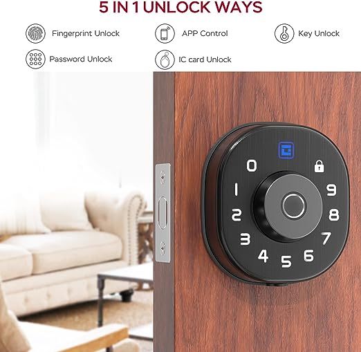 Smart Door Lock, Geek 5-in-1 Keyless Entry Deadbolt Door Locks with Keypad, Remote Control with APP, IC Card, Mechanical Key,Security with Auto Lock Smart Lock Front Door External Lock IP65 Waterproof